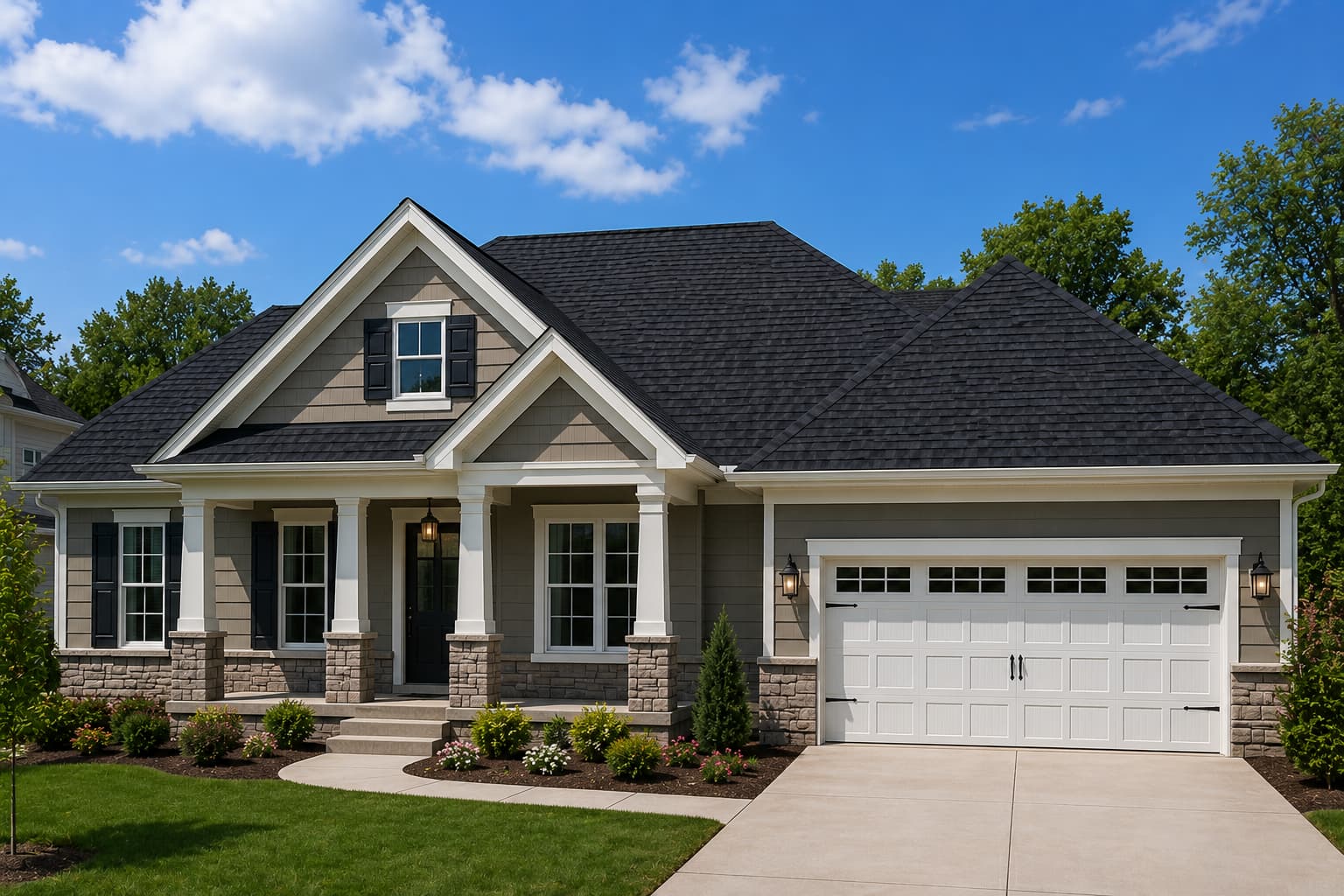 Modern American home with an architectural asphalt shingle roof used for roof area, shingle bundle, and roofing square calculations.