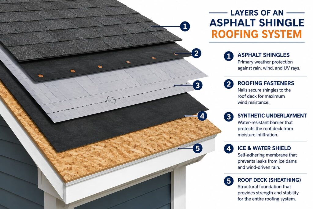 Layers of an asphalt shingle roofing system showing shingles, synthetic underlayment, ice and water shield, fasteners, and roof deck.