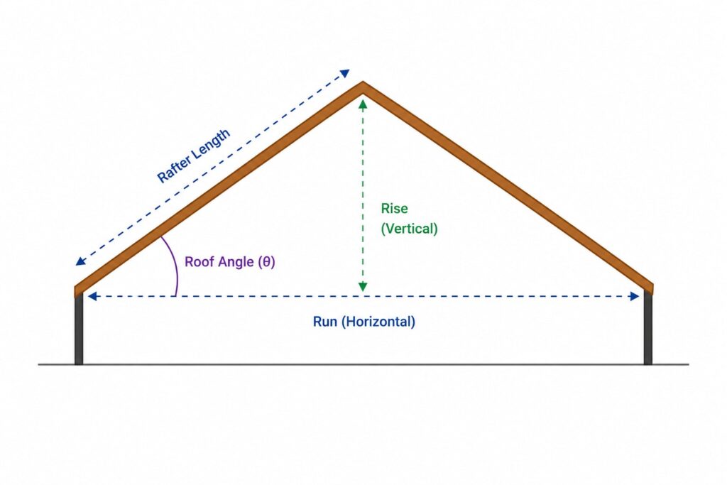 Roof Pitch Diagram Showing Rise Run and Rafter Length