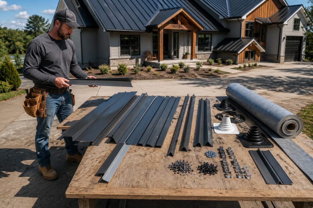 Contractor preparing standing seam metal roof panels, trim, underlayment, flashing, screws, and accessories for a complete metal roof material estimate.