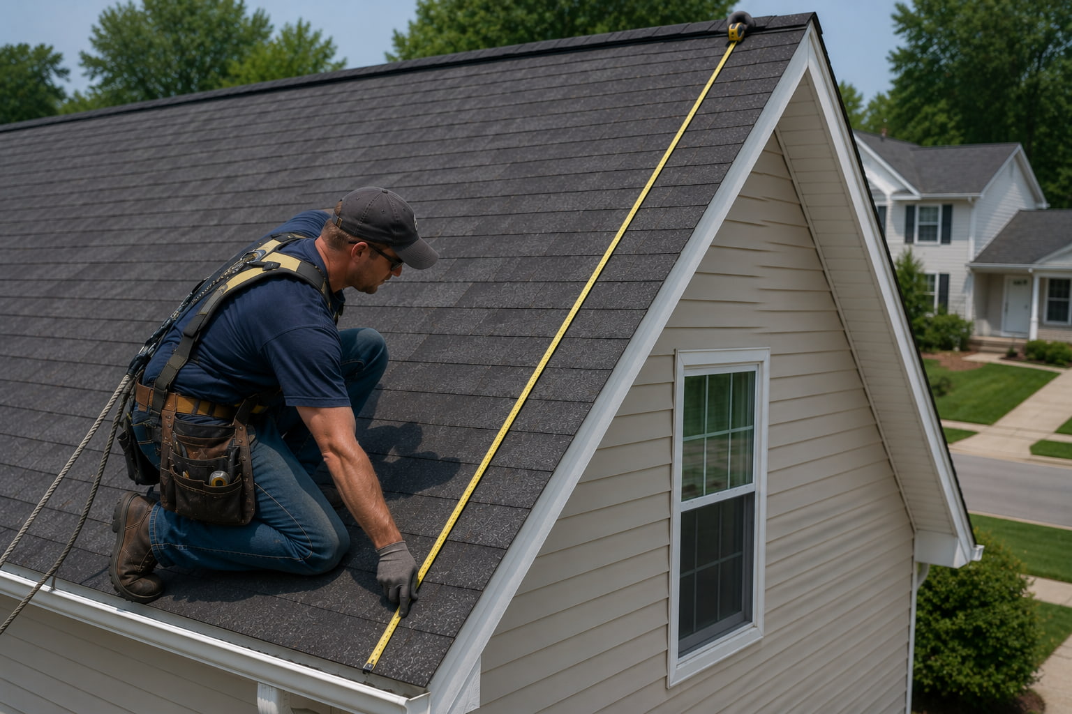 Professional roofing contractor measuring roof dimensions with a tape measure before calculating roof area.