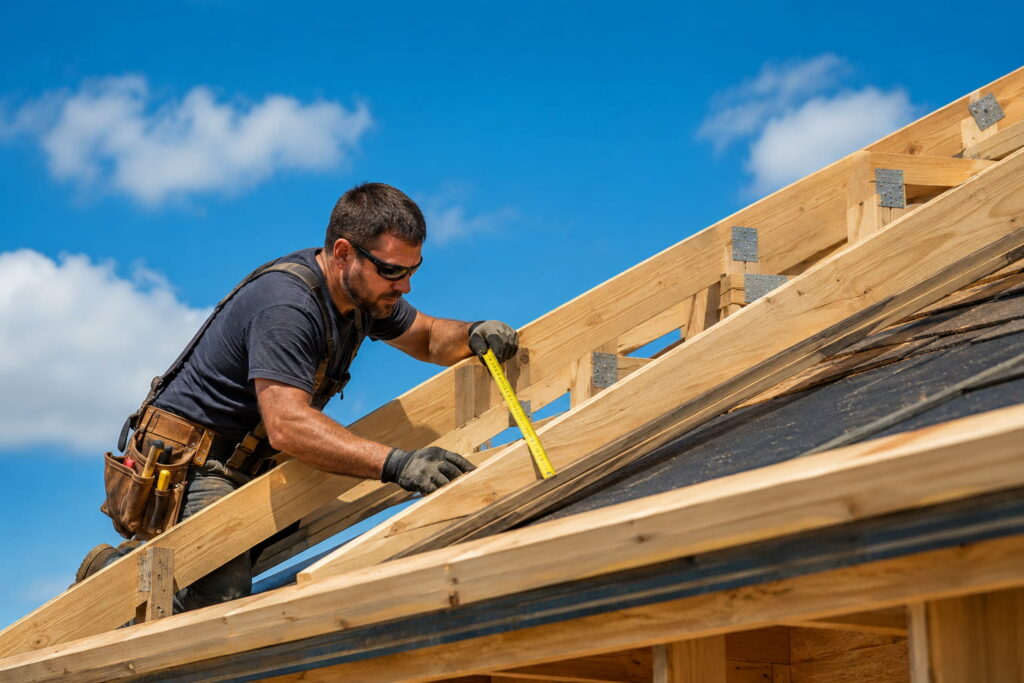 Professional roofer measuring a wooden roof rafter to calculate rafter length from roof pitch during roof framing.