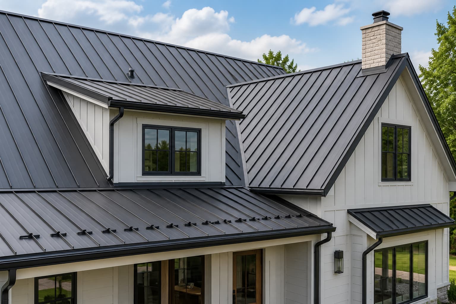 Standing seam metal roof on a residential home used for metal roof material calculation.