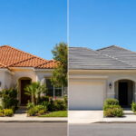 Clay vs concrete roof tiles compared side by side on two similar suburban homes, terracotta clay tile roof next to a gray concrete tile roof