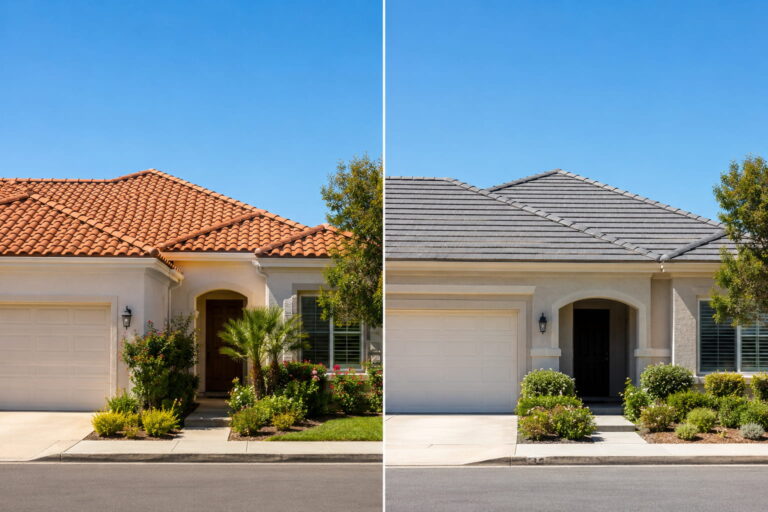 Clay vs concrete roof tiles compared side by side on two similar suburban homes, terracotta clay tile roof next to a gray concrete tile roof
