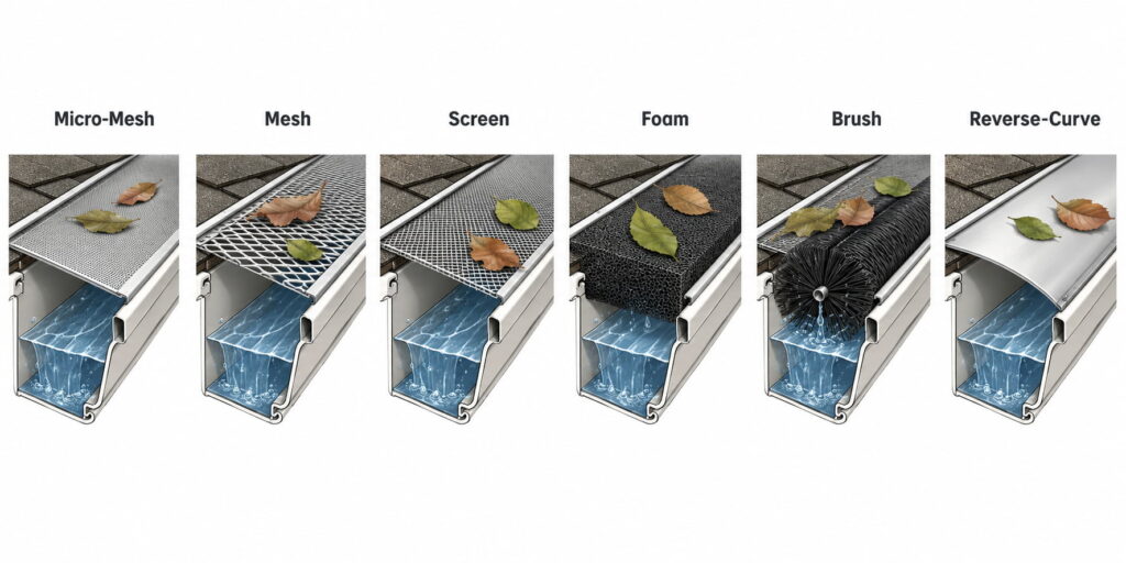 Types of gutter guards compared in cutaway view, micro-mesh, mesh, screen, foam, brush, and reverse-curve guards each shown blocking leaves while water flows through
