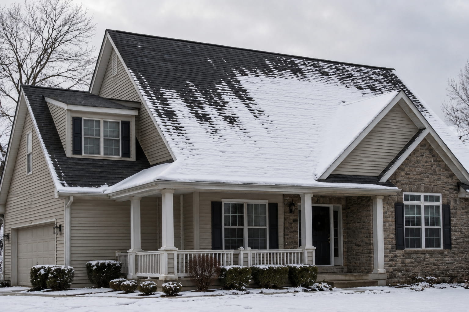 How much snow can a roof hold shown on a steep pitched asphalt shingle home with snow shedding off the upper roof slope