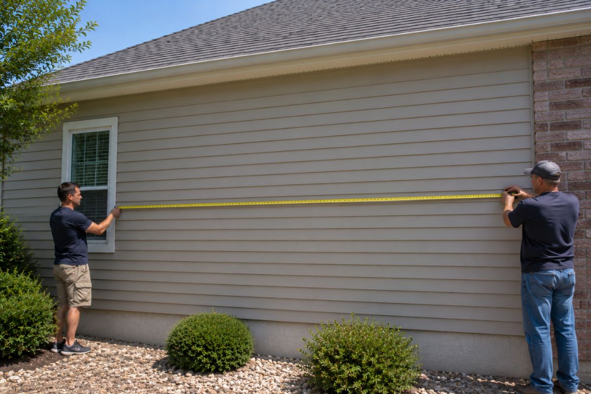 How to measure a roof for shingles shown with two people measuring an exterior wall length with a tape measure