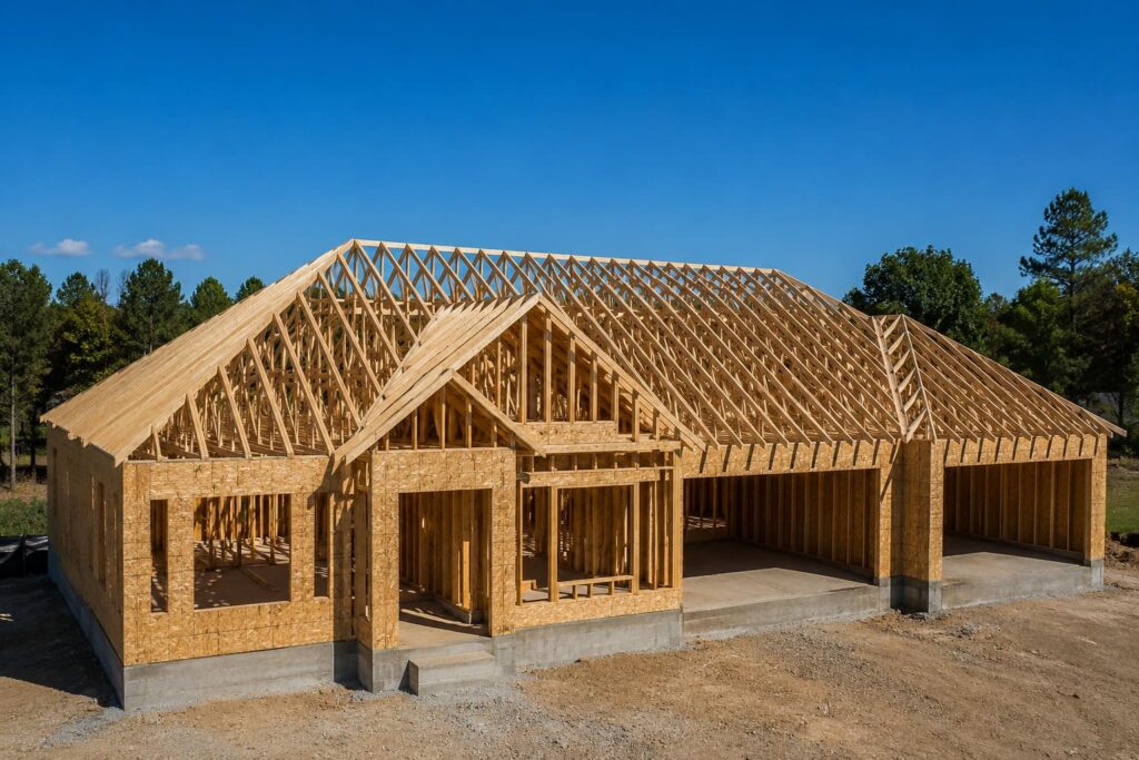 Engineered wooden Fink roof trusses installed on a newly framed residential house.