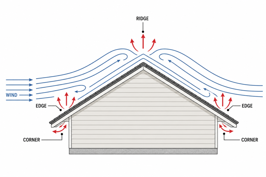 Roof load calculator diagram showing wind flow and uplift pressure at the edge, ridge, and corner zones of a pitched residential roof.