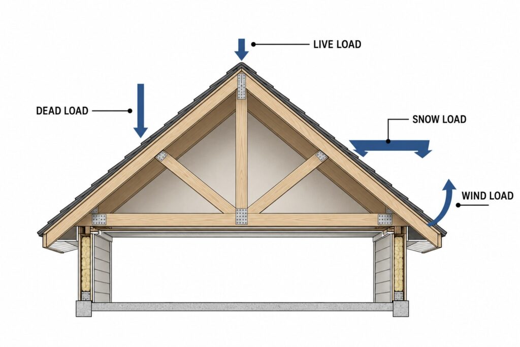 Roof load diagram illustrating dead load, live load, snow load, and wind uplift on a pitched residential roof