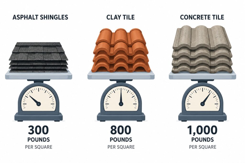 Clay vs concrete roof tiles weight comparison infographic showing asphalt shingles at 300, clay tile at 800, and concrete tile at 1,000 pounds per square