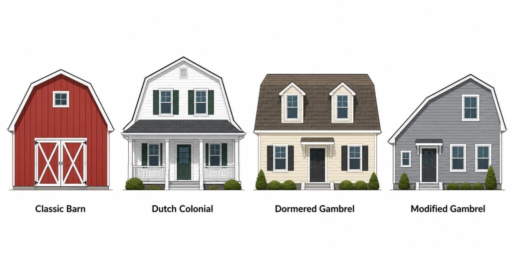 Four gambrel roof design styles illustrated side by side, classic barn, Dutch Colonial with flared eaves, dormered gambrel, and modified gambrel