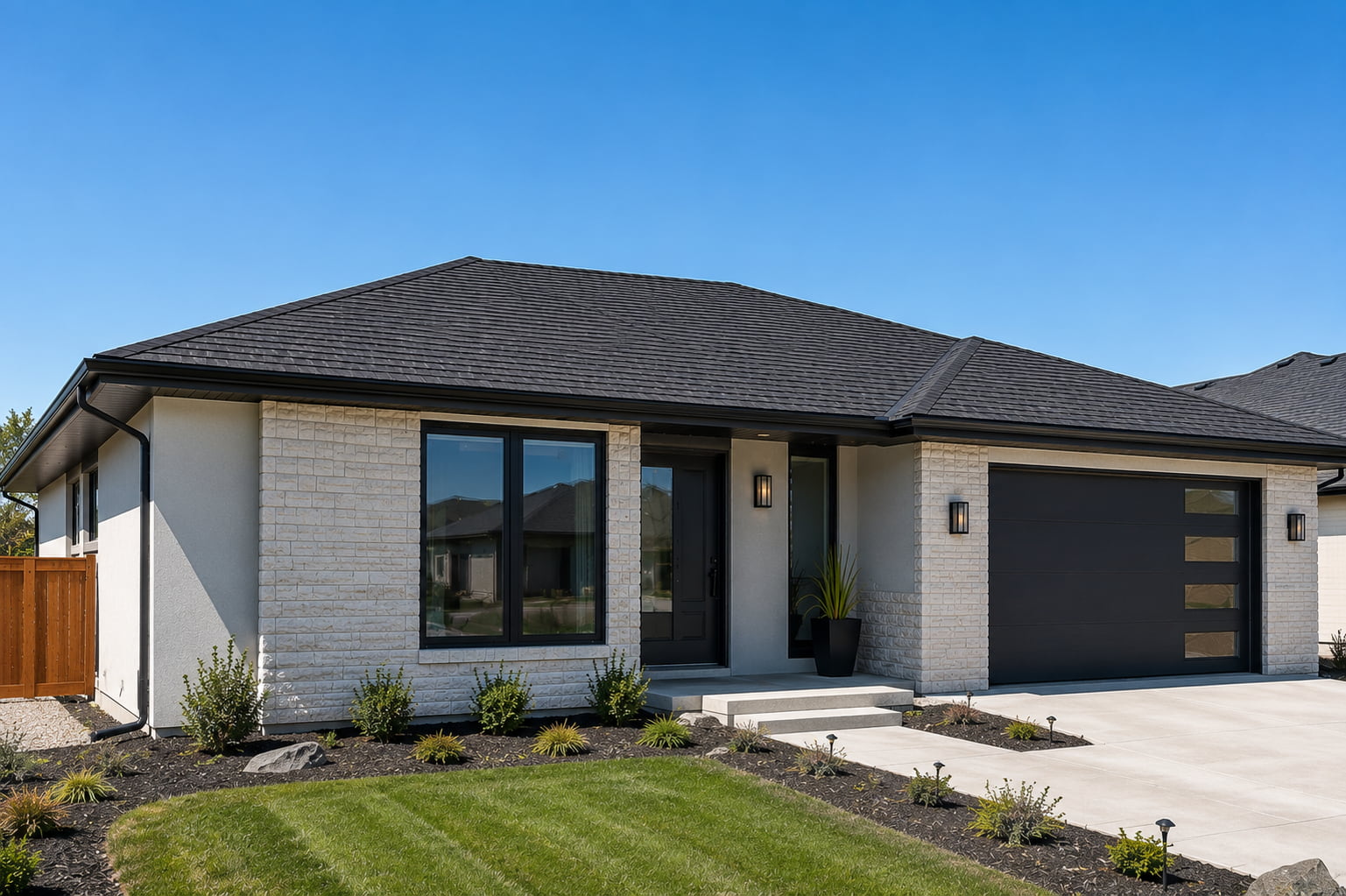 Low pitch roof guide showing a ranch style American home with a shallow sloped roof covered in architectural shingles
