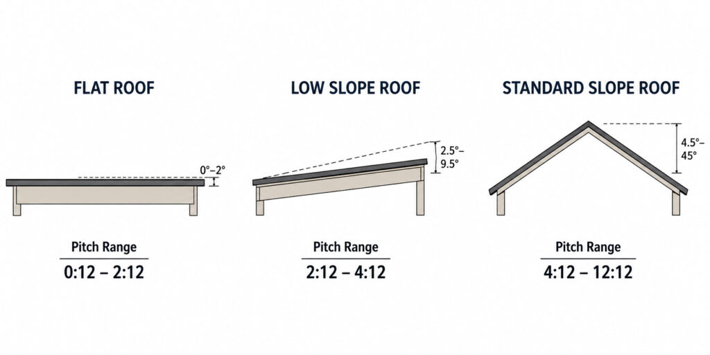 Low pitch roof guide diagram comparing flat, low slope, and standard slope roof cross sections side by side