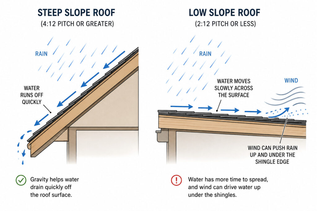 Low pitch roof guide diagram showing wind driven rain moving under a shingle edge compared to fast runoff on a steep roof