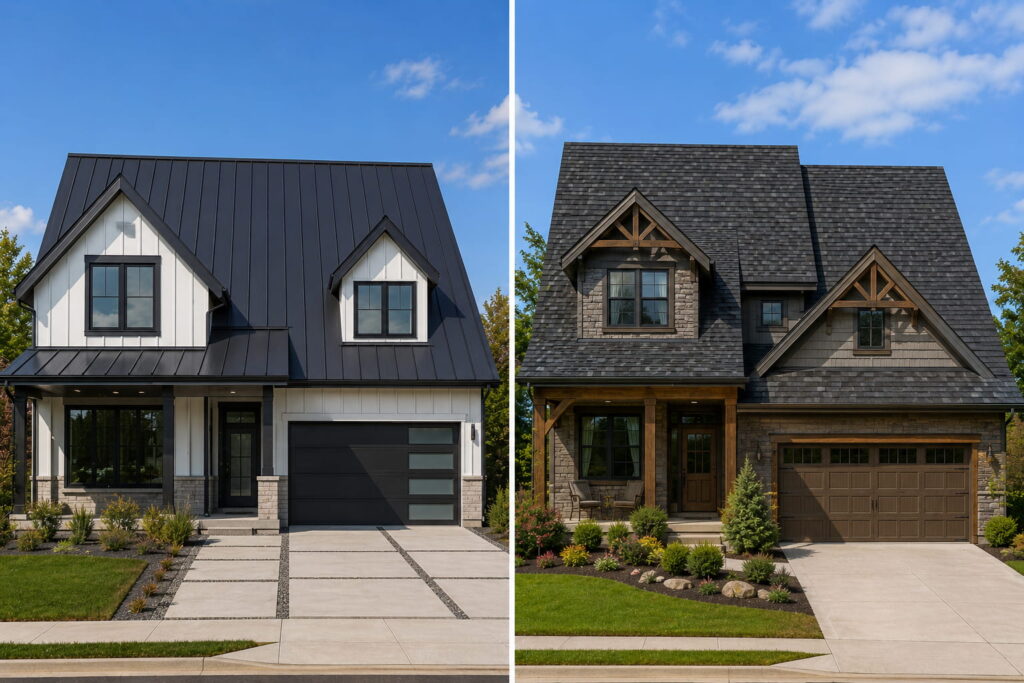 Side-by-side comparison of a black standing seam metal roof and a gray asphalt shingle roof on two different homes
