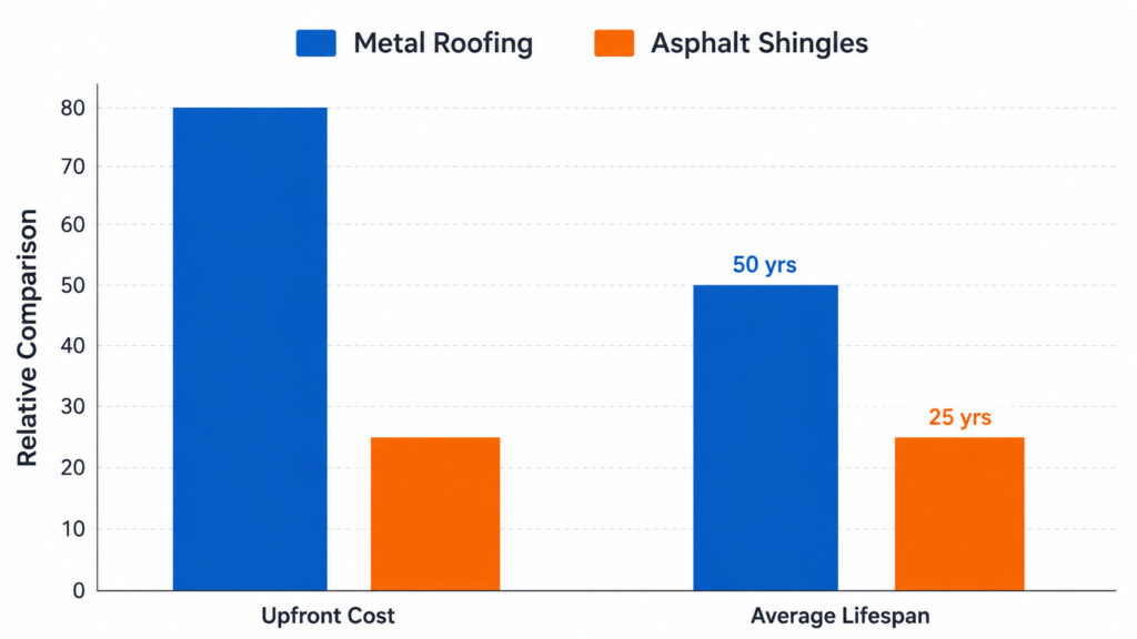 Metal roof vs asphalt shingles infographic comparing upfront cost and average lifespan with a bar chart showing metal roofing costs more initially but lasts longer.
