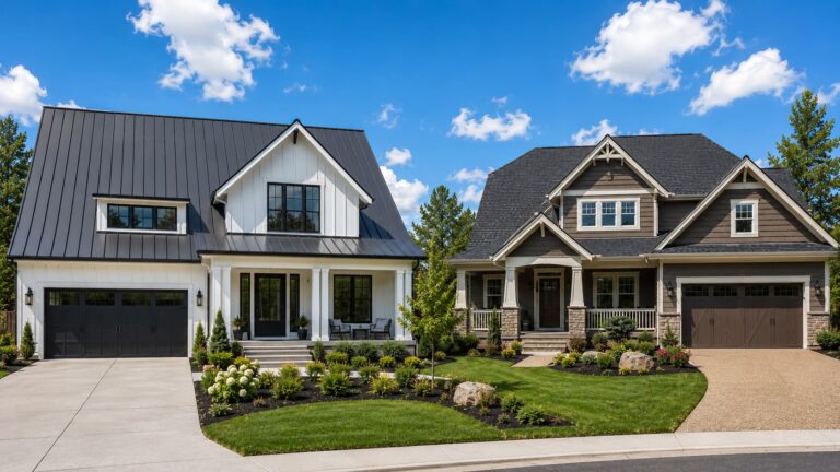 Metal roof vs asphalt shingles comparison showing a modern farmhouse with a charcoal standing seam metal roof beside a Craftsman home with dark architectural asphalt shingles.