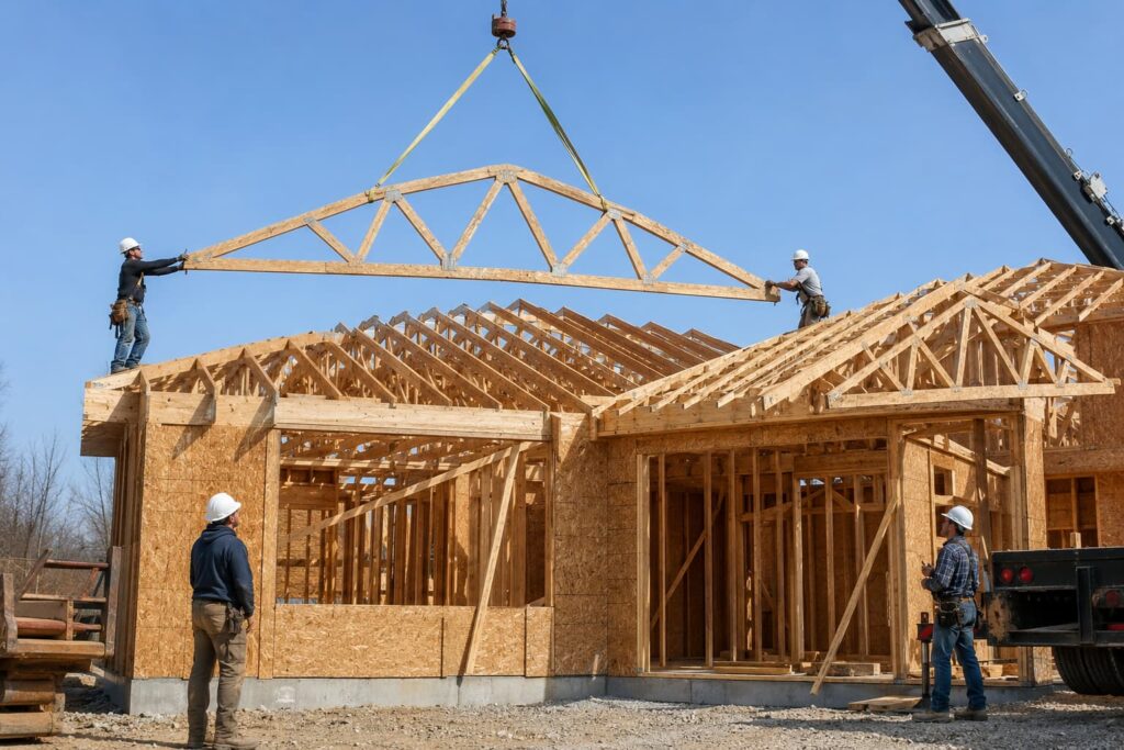Construction workers installing an engineered wooden Fink roof truss on a new residential house using a crane.
