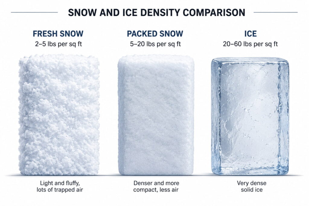 How much snow can a roof hold depends on snow density, shown comparing fresh snow, packed snow, and ice weight per square foot
