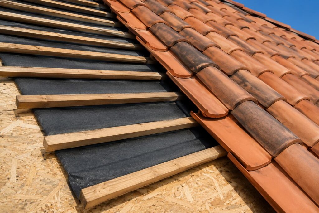 Layered tile roof installation showing underlayment, battens, and clay roof tiles.