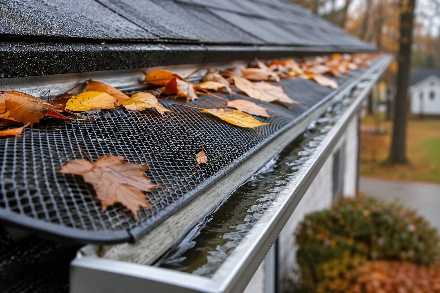 Types of gutter guards shown with a mesh guard blocking autumn leaves while water flows freely underneath into the gutter