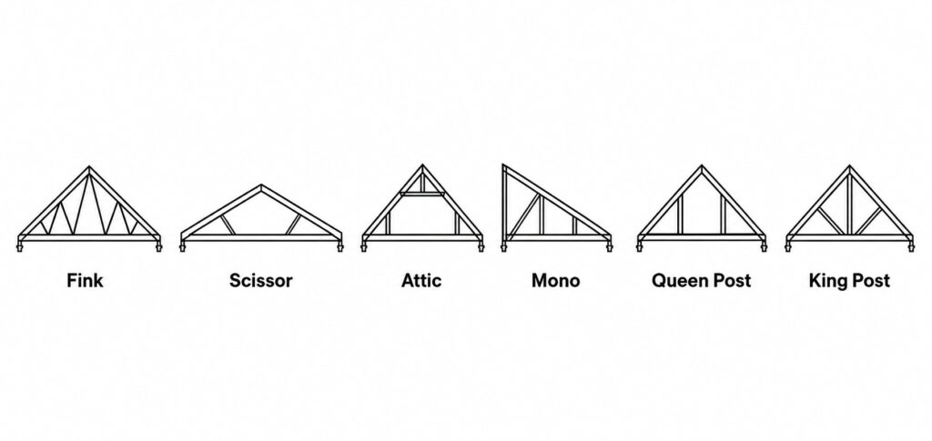 Types of roof trusses shown installed in an unfinished residential attic during construction with visible triangular web bracing