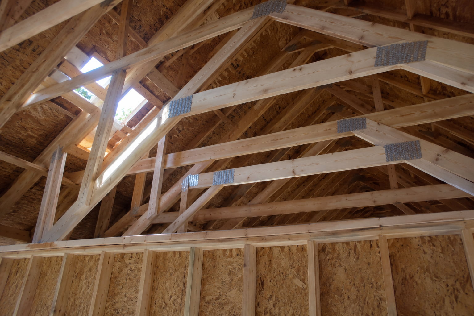 Types of roof trusses illustrated as line diagrams, showing Fink, Scissor, Attic, Mono, Queen Post, and King Post truss shapes