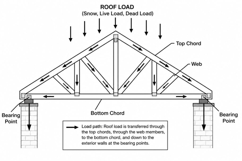 Types of roof trusses load path diagram showing how roof load transfers through the top chord and web members to the bottom chord and bearing points