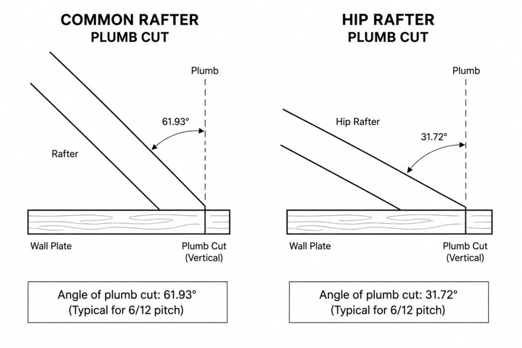 Hip Roof Calculator common rafter vs hip rafter plumb cut diagram