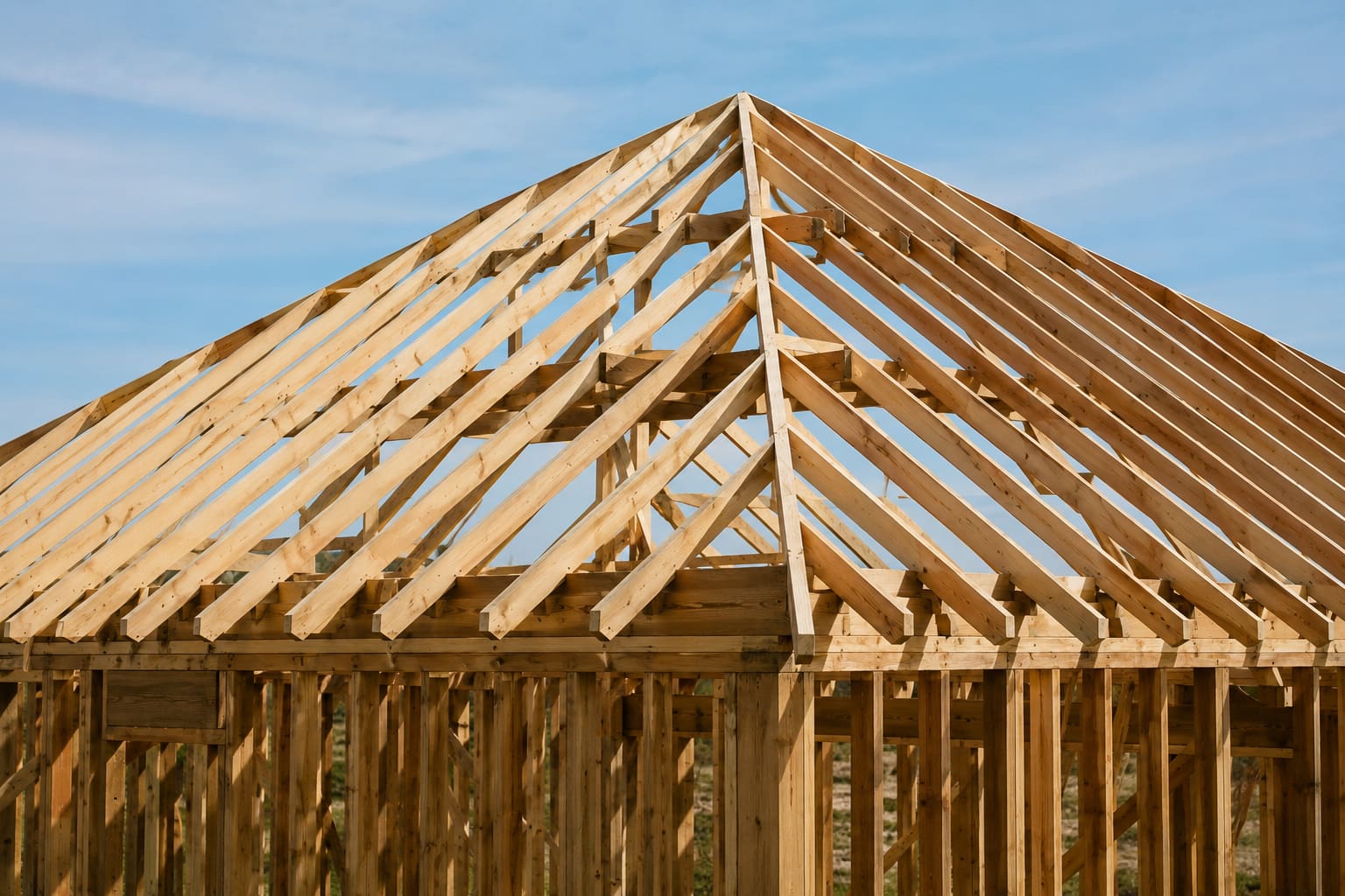 How to build a hip roof diagram showing common rafters raised first with the ridge board nailed in place between them